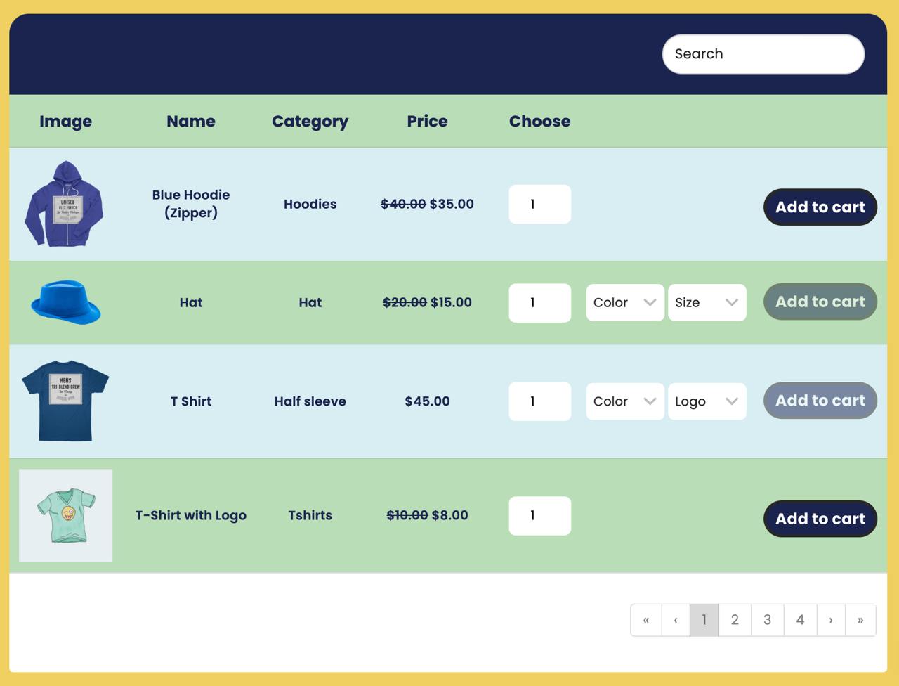 WooCommerce product table built with Ninja Tables Pro