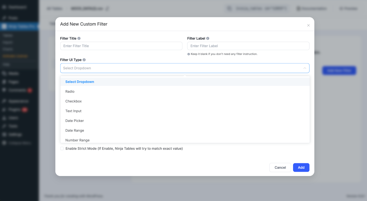 Custom filter interface in Ninja Tables Pro
