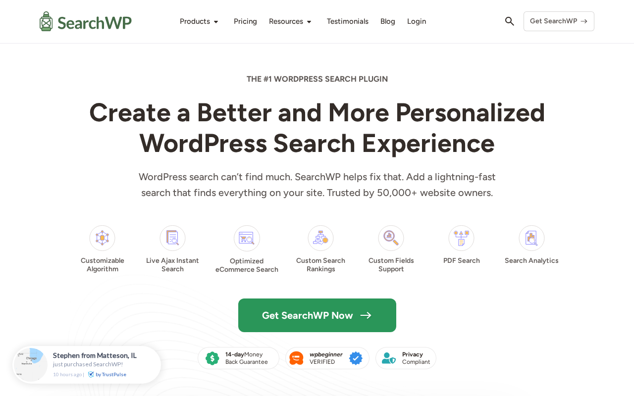 SearchWP homepage on searchwp.com showing the headline Create Your Own Smart WordPress Search and the visual algorithm builder interface with content source weighting controls
