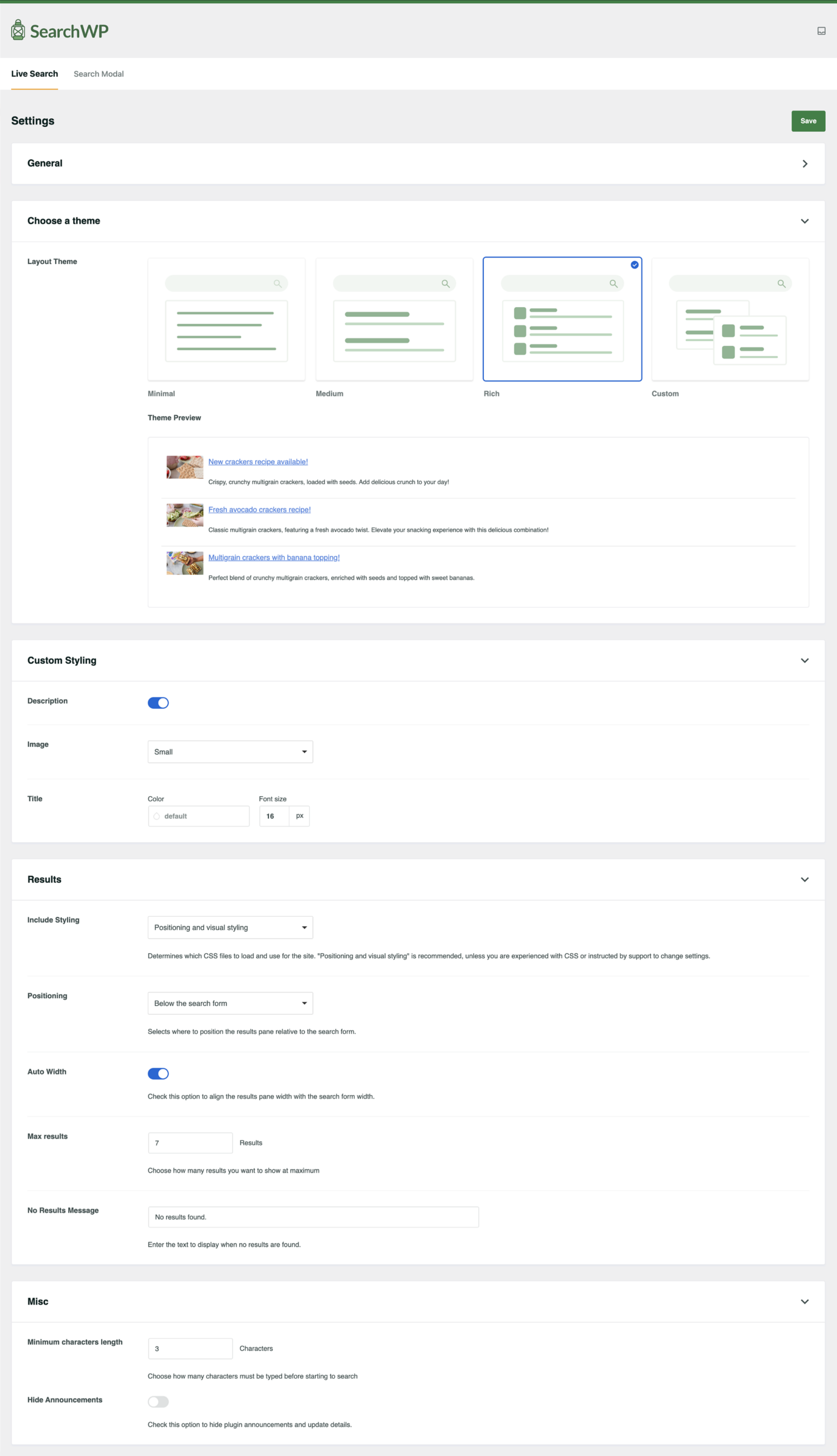 SearchWP Live Ajax Search showing relevance-ranked search results in a styled dropdown on a WordPress site frontend
