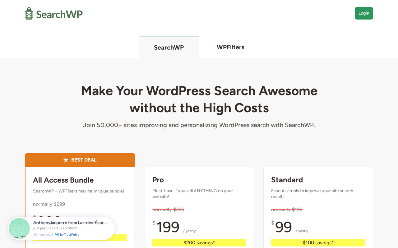 SearchWP pricing page showing Standard at 99 per year Pro at 199 per year and All Access Bundle at 399 per year introductory tiers with full renewal rates