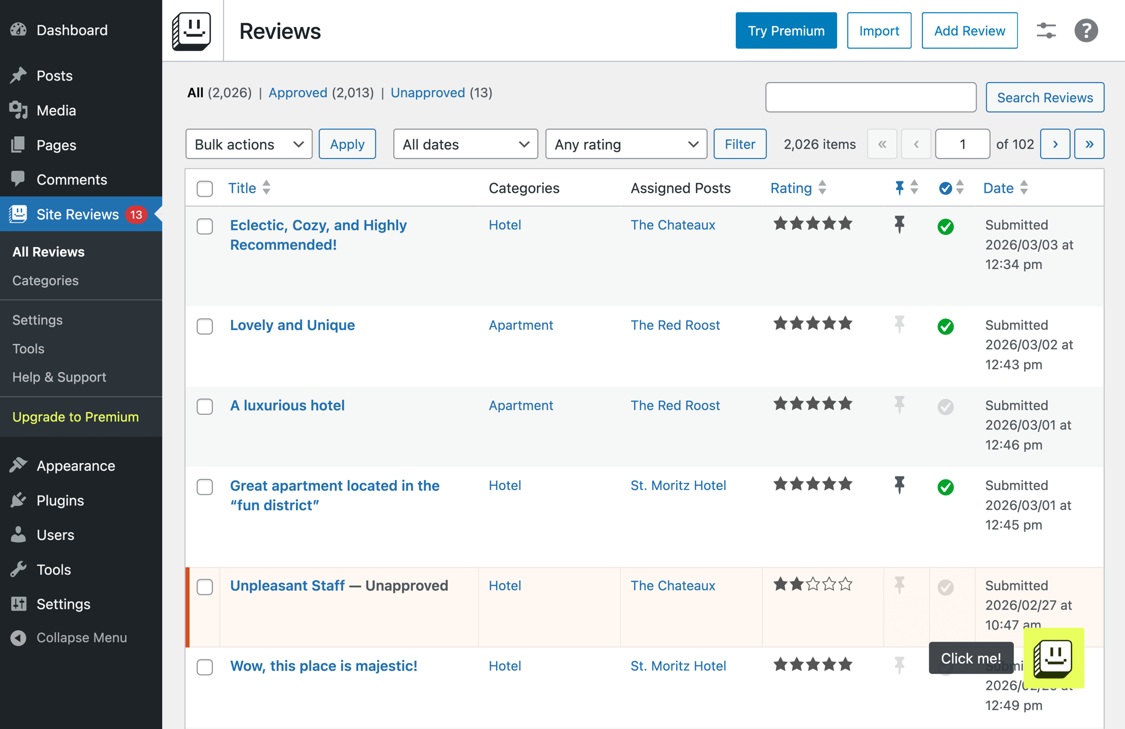 Site Reviews admin dashboard showing the All Reviews management list with moderation options