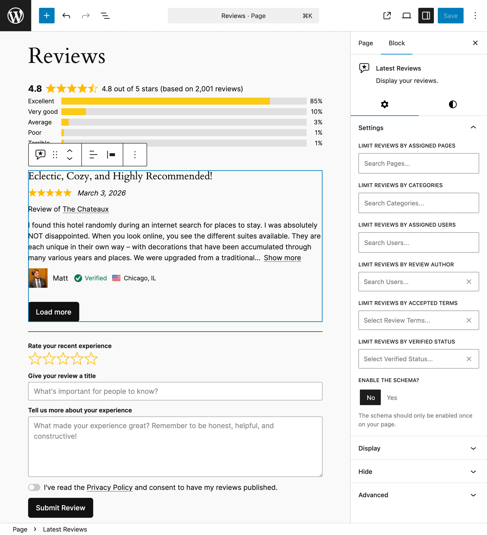 Site Reviews Gutenberg blocks in the WordPress editor including review display, review form, and rating summary blocks