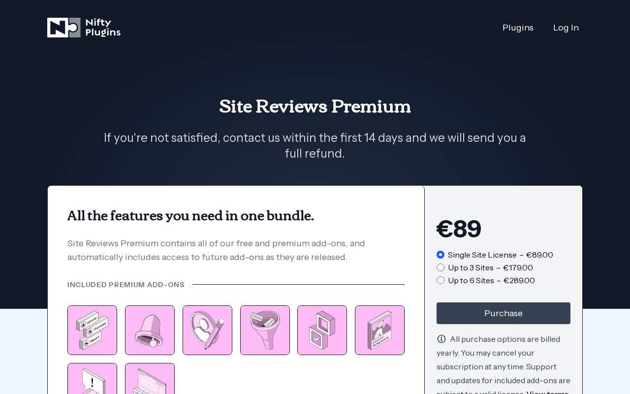 Site Reviews Premium pricing page showing single site, 3-site, and 6-site annual plans