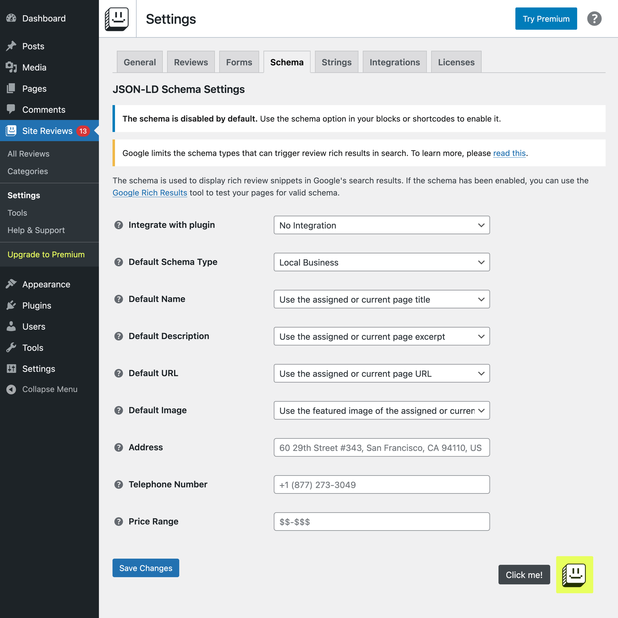 Site Reviews JSON-LD schema settings panel showing schema type configuration options