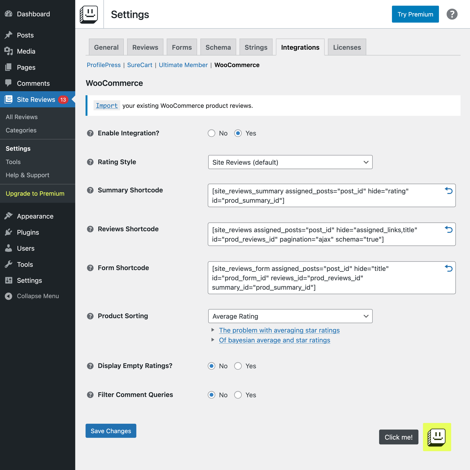 Site Reviews WooCommerce integration settings in the plugin settings panel