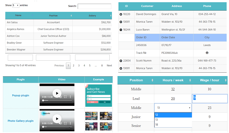 Supsystic Data Tables Generator front-end table showing sorting, search bar, pagination, and embedded images
