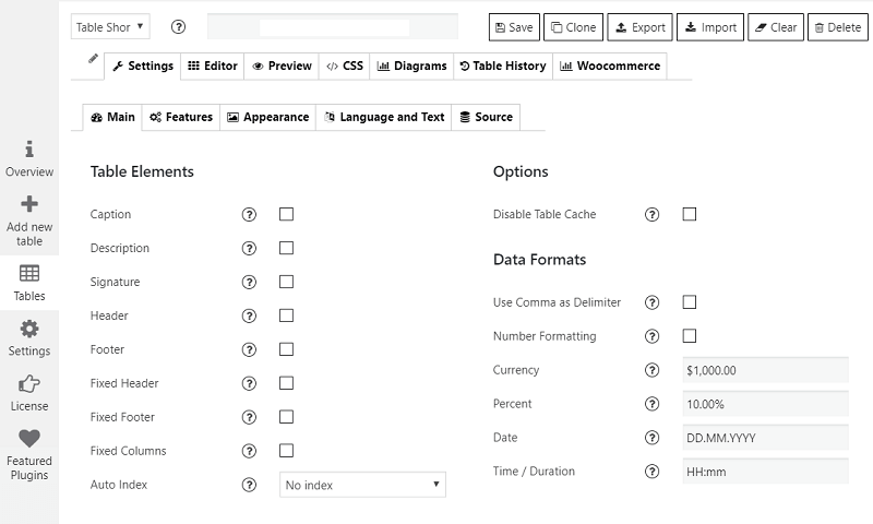 Supsystic Data Tables Generator admin panel showing main settings tab