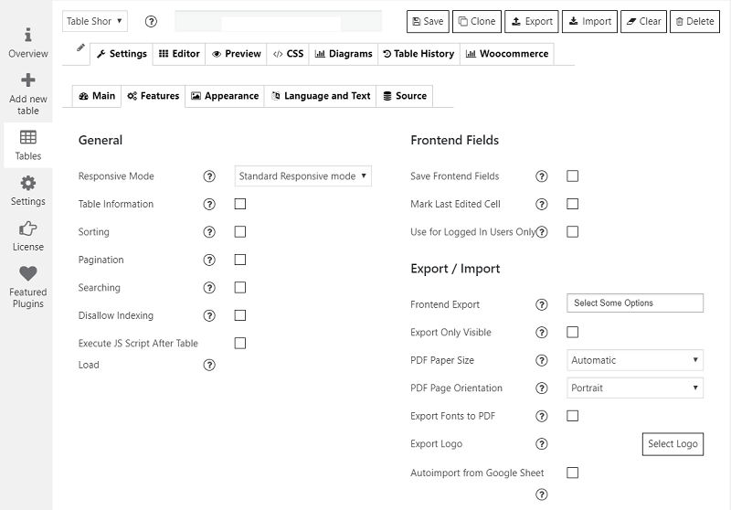 Supsystic Data Tables Generator admin panel features tab showing configuration options