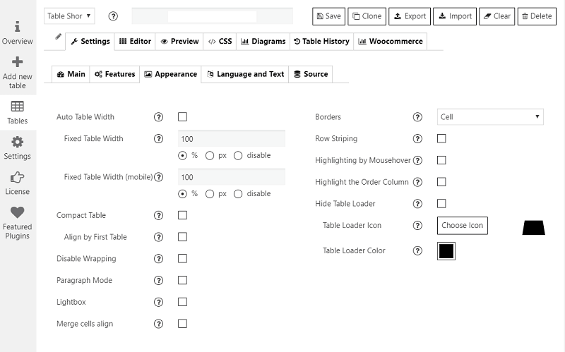 Supsystic Data Tables Generator admin panel appearance settings tab