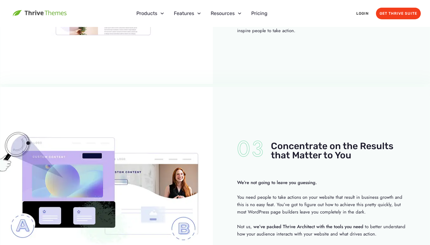 Thrive Architect architect page section emphasizing conversion-focused templates with text stating the platform packs the tools needed to understand how the audience interacts with the website and drives action, with a template preview image on the left.