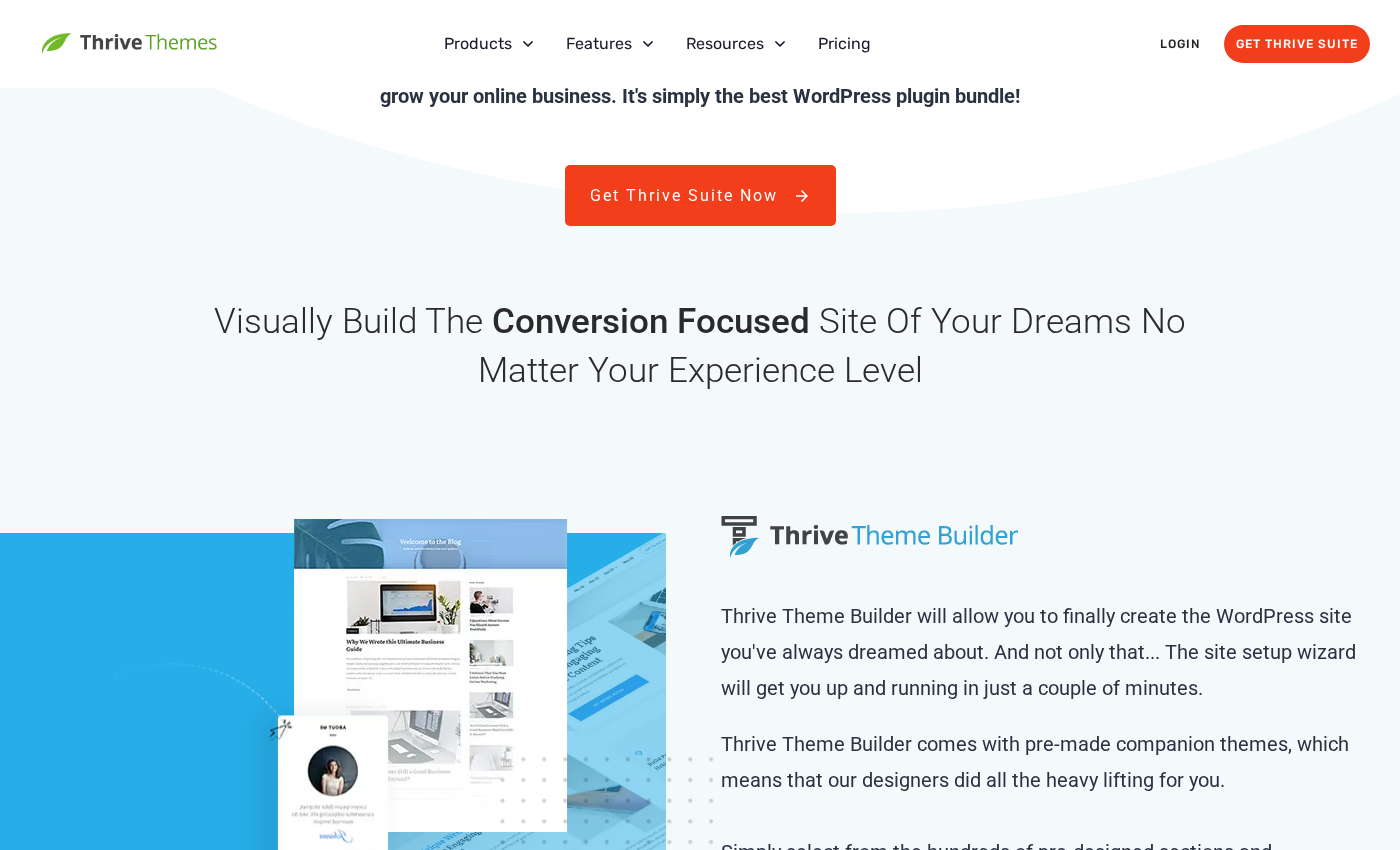 Thrive Suite page showing the headline Visually Build The Conversion Focused Site Of Your Dreams No Matter Your Experience Level, with a preview of the Thrive Theme Builder interface on the left and the plugin description on the right.