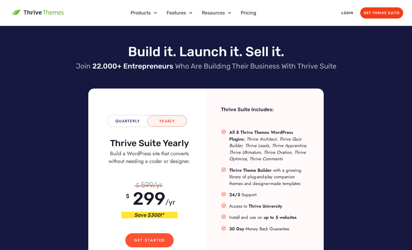 Thrive Suite pricing page showing the Yearly plan at $299 per year crossed out from $599 per year with a Save $300 highlight, and a list of inclusions: all 8 Thrive plugins, Thrive Theme Builder, 24/5 Support, Thrive University access, up to 5 websites, and 30 Day Money Back Guarantee.