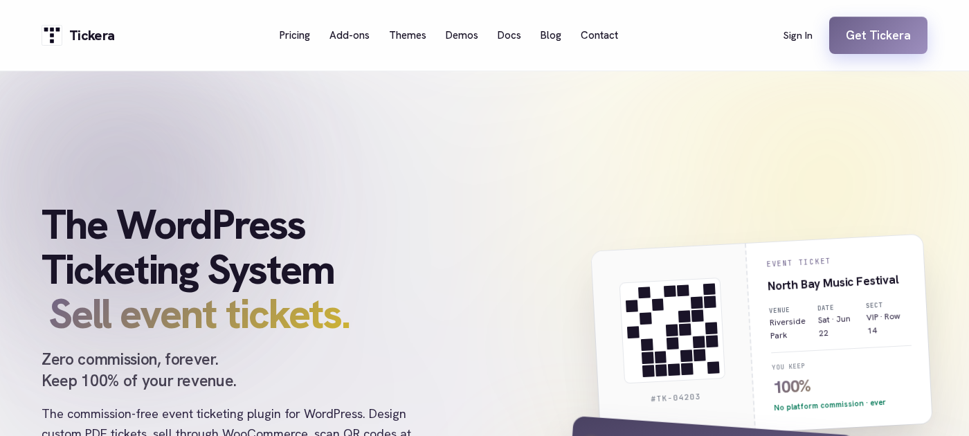 Tickera WordPress ticketing plugin homepage showing zero commission messaging