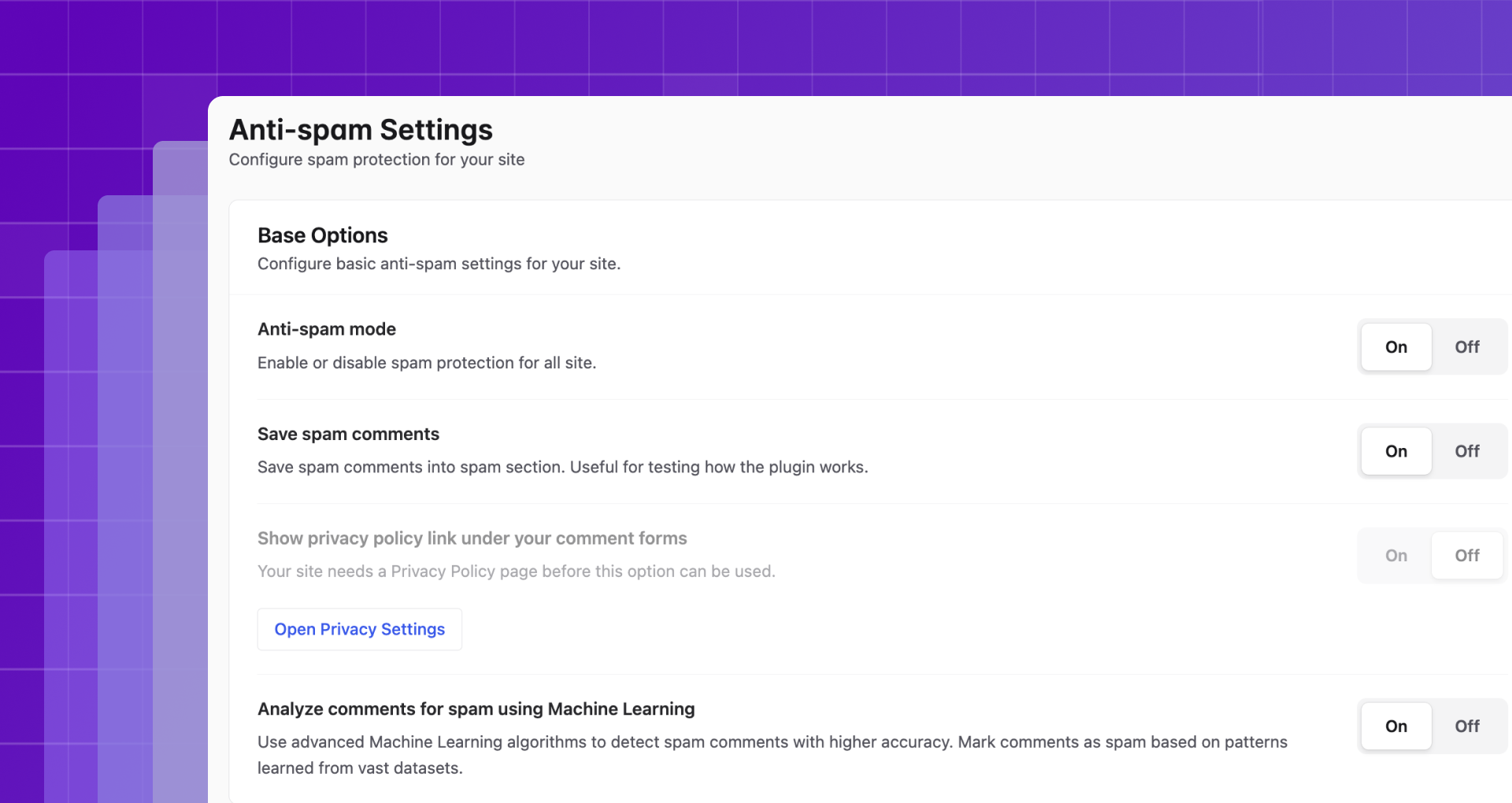 Titan Anti-spam and Security settings page showing the Anti-Spam configuration options including spam filter sensitivity, option to store spam comments, and the activity logging section