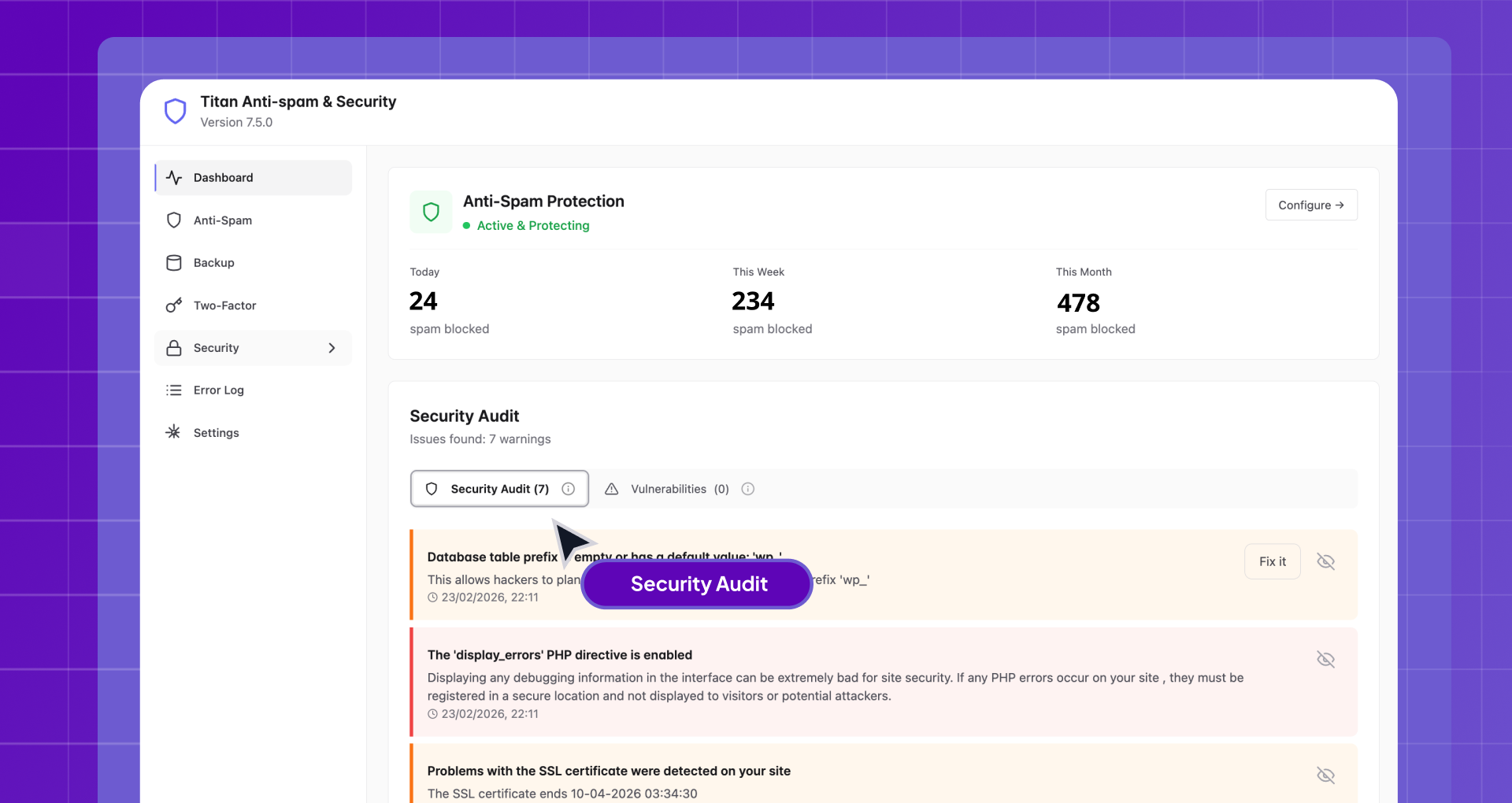 Titan Anti-spam and Security WordPress admin dashboard showing the main overview panel with spam filter status, security score, recent activity, and quick access to Anti-Spam, Tweaks, and Activity Log sections