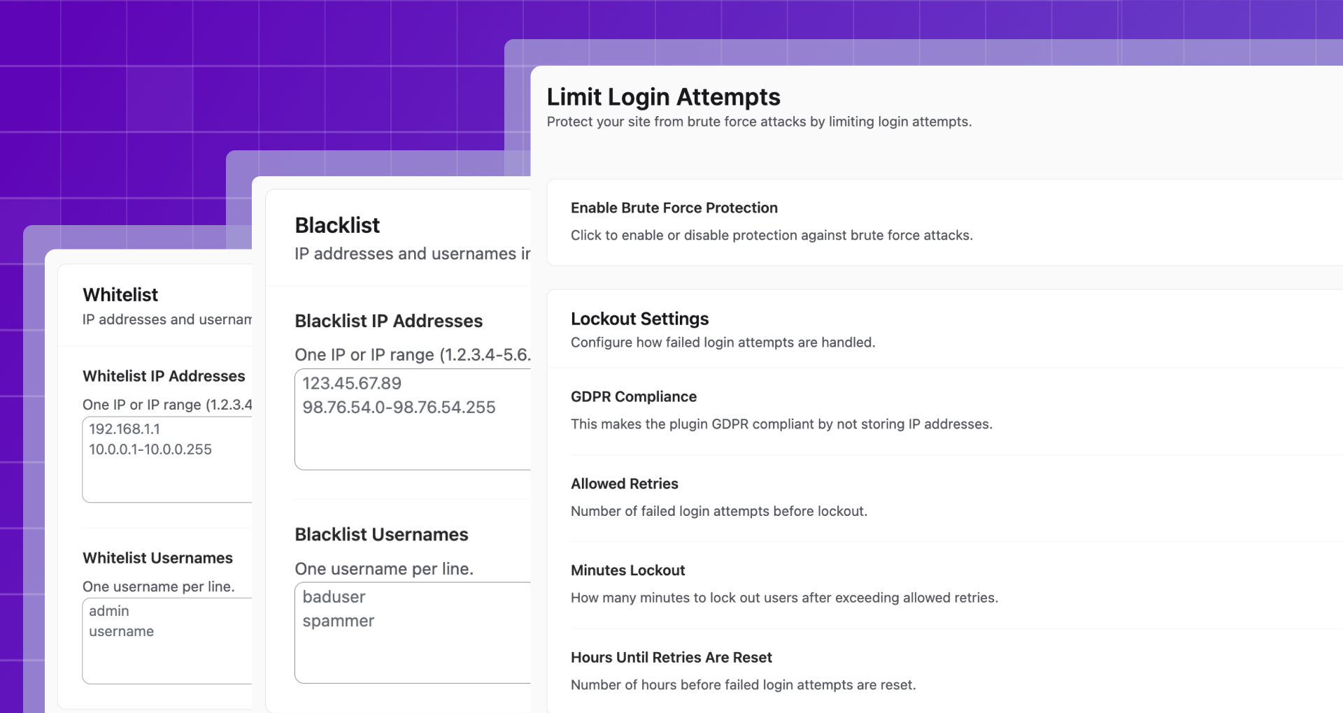 Titan Anti-spam and Security Limit Login Attempts settings showing configurable fields for maximum retry attempts, lockout duration, and email notification options for the site administrator