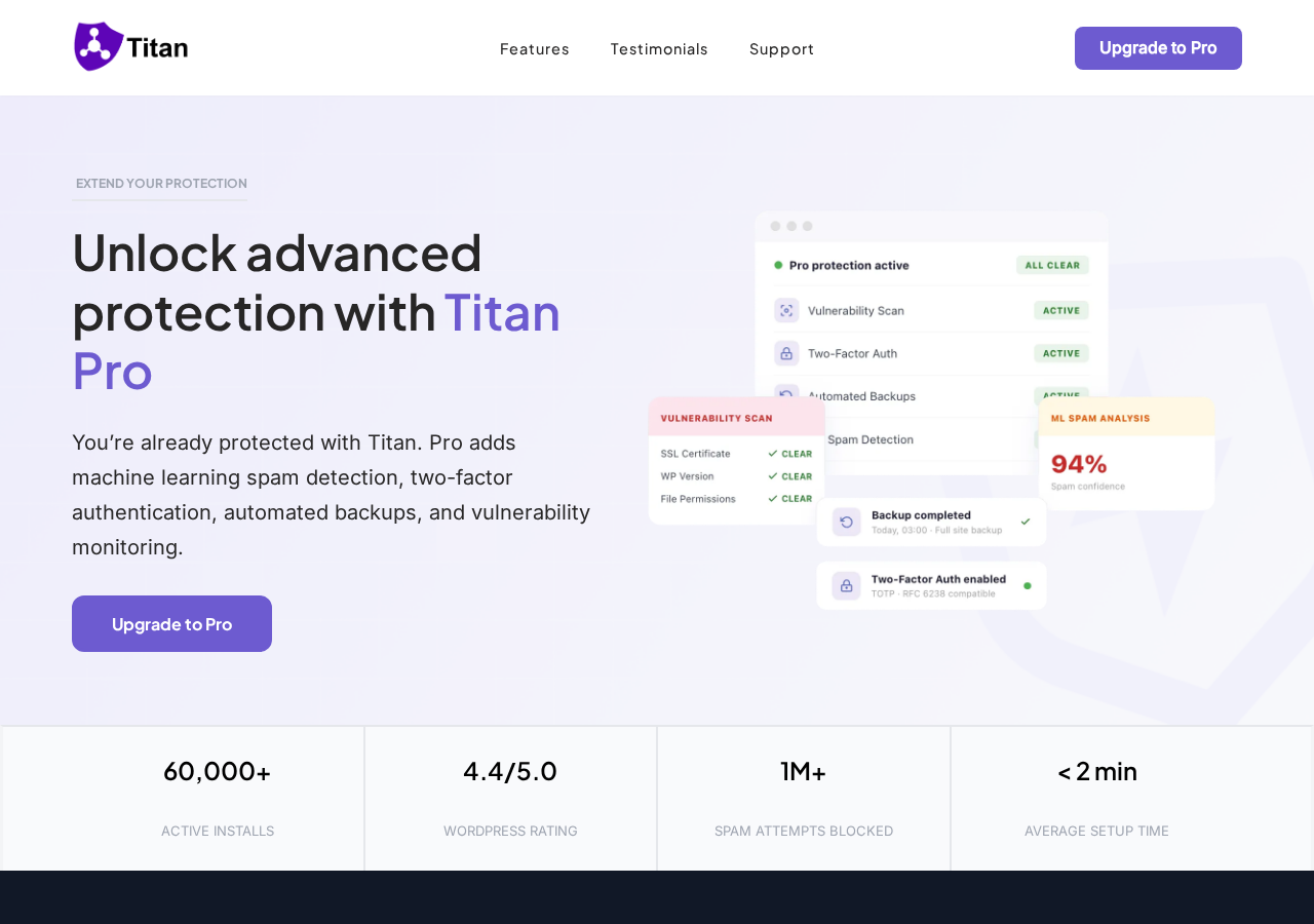 Titan Anti-spam and Security pricing page on titansitescanner.com showing the Starter, Growth, and Scale plans with promotional prices, coverage, included features, and 30-day money-back guarantee