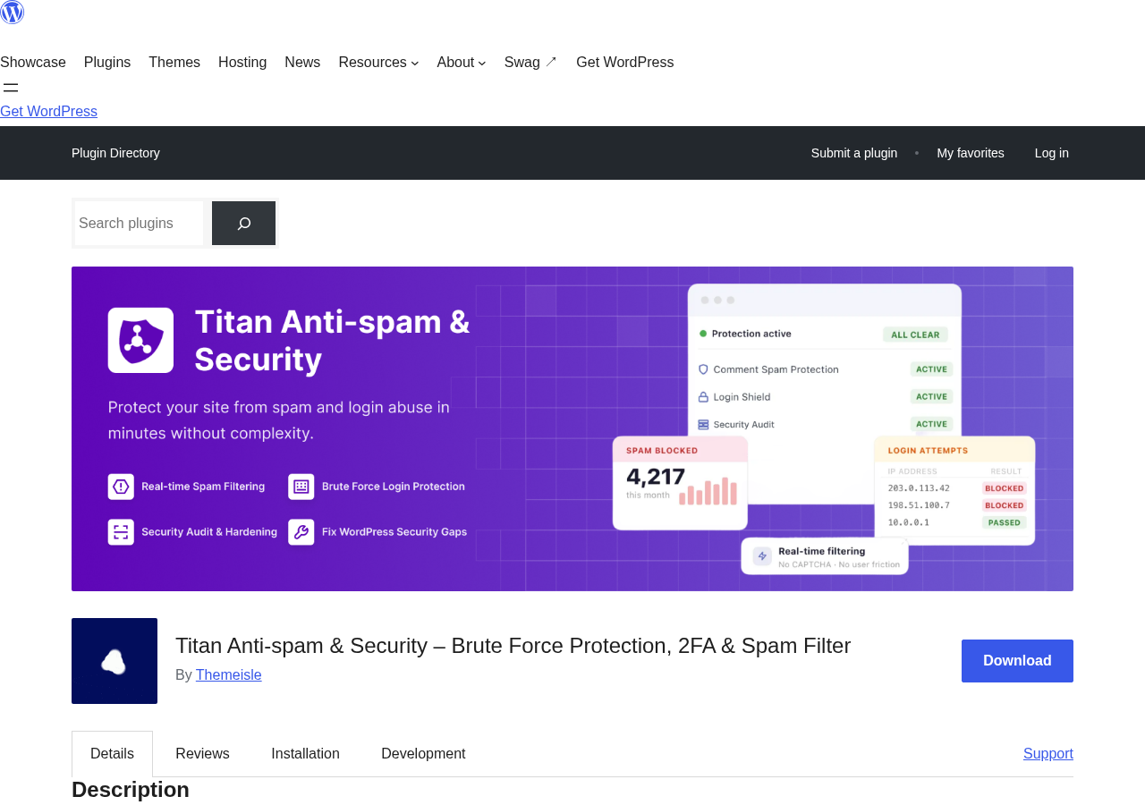 Titan Anti-spam and Security on WordPress.org showing the plugin title, Themeisle authorship, 50,000+ active installs, 4.5-out-of-5-star rating from 370 reviews, version 7.5.2 last updated May 2026, and tested to WordPress 7.1