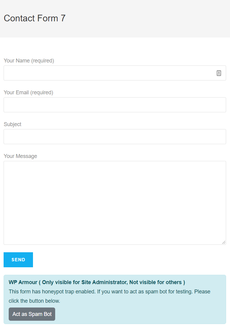 WP Armour honeypot protection active on a Contact Form 7 form showing the test widget confirmation below the form