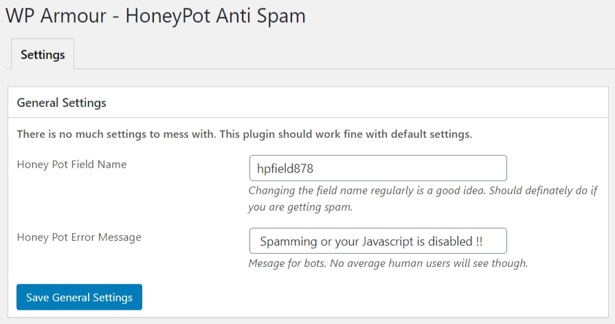 WP Armour settings page showing the honeypot field name configuration option and the test widget confirmation