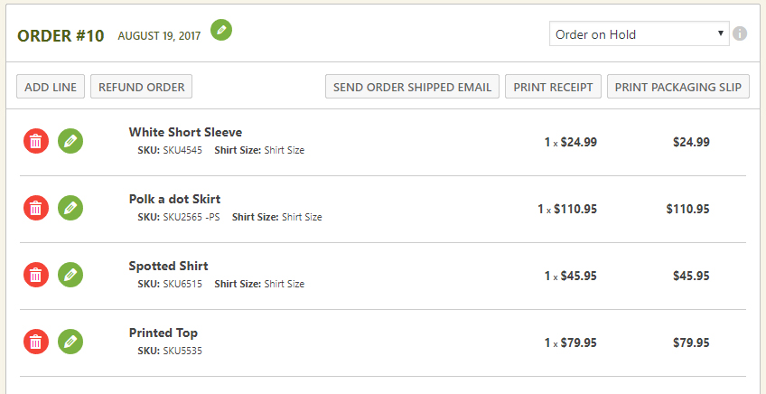 WP EasyCart store order management panel showing order details, status controls, and customer information.