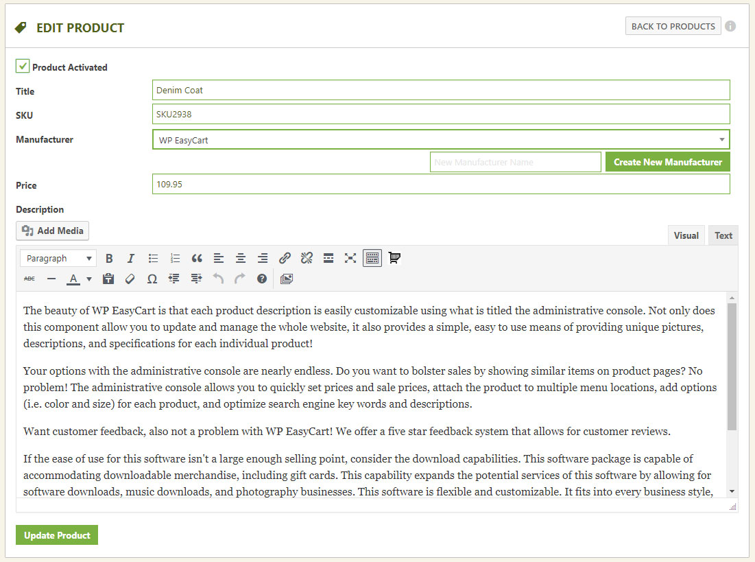 WP EasyCart manage all store products administrative screen showing product list, stock levels, and order management tools.