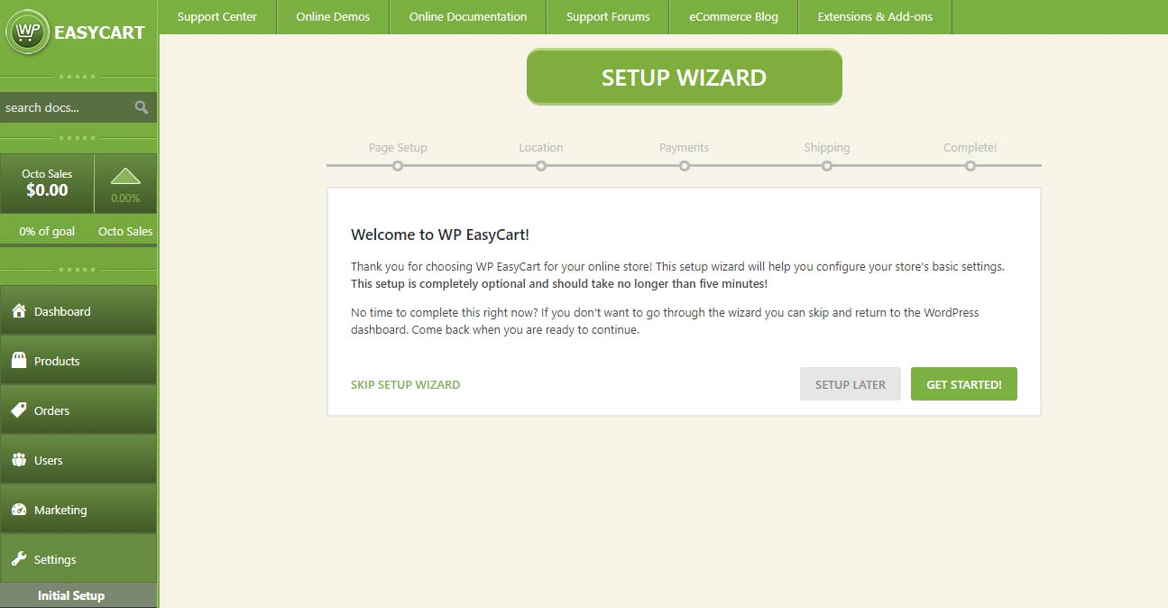 WP EasyCart administrative wizard showing the five-step store setup process with configuration options for store details, currency, and payment gateway connection.