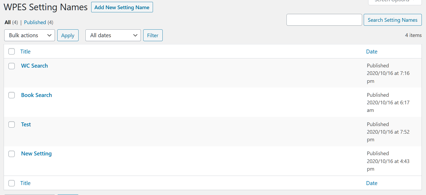 WP Extended Search add and delete search configurations panel