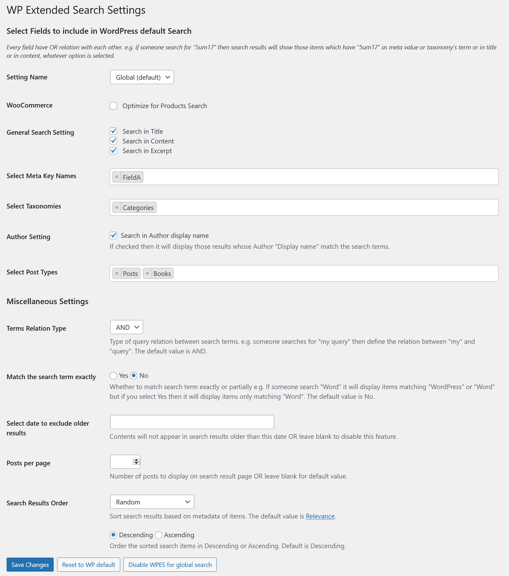 WP Extended Search settings page showing search scope configuration options