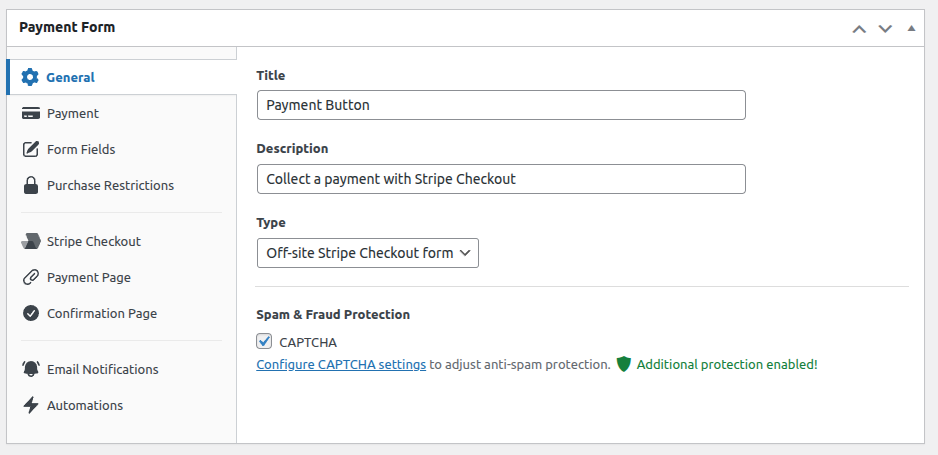 WP Simple Pay payment form general settings tab showing form name, display type options including Stripe Checkout, Embedded, and Overlay, with Embedded and Overlay showing Pro upgrade badges