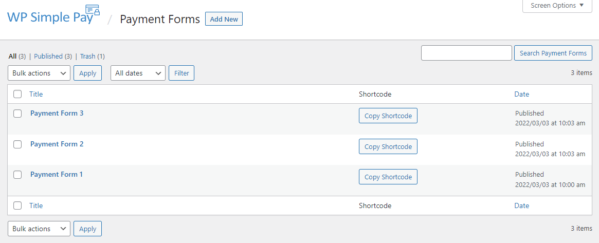 WP Simple Pay payment forms listing in WordPress admin showing example payment, donation, and subscription forms with their shortcodes and status