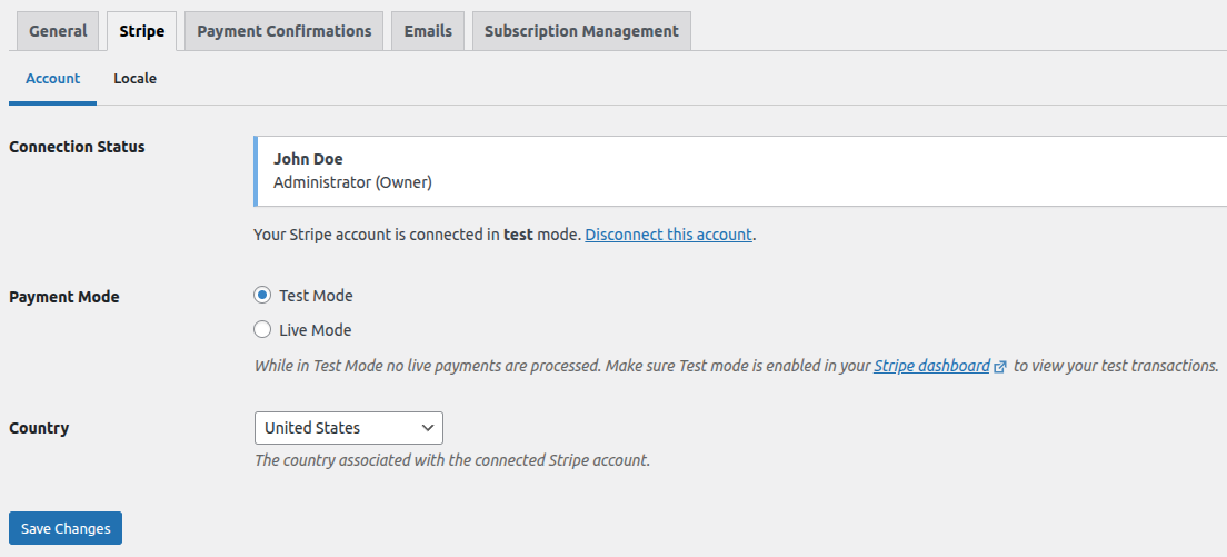 WP Simple Pay global settings screen showing Stripe connection status and Test Mode toggle for switching between live and test environments