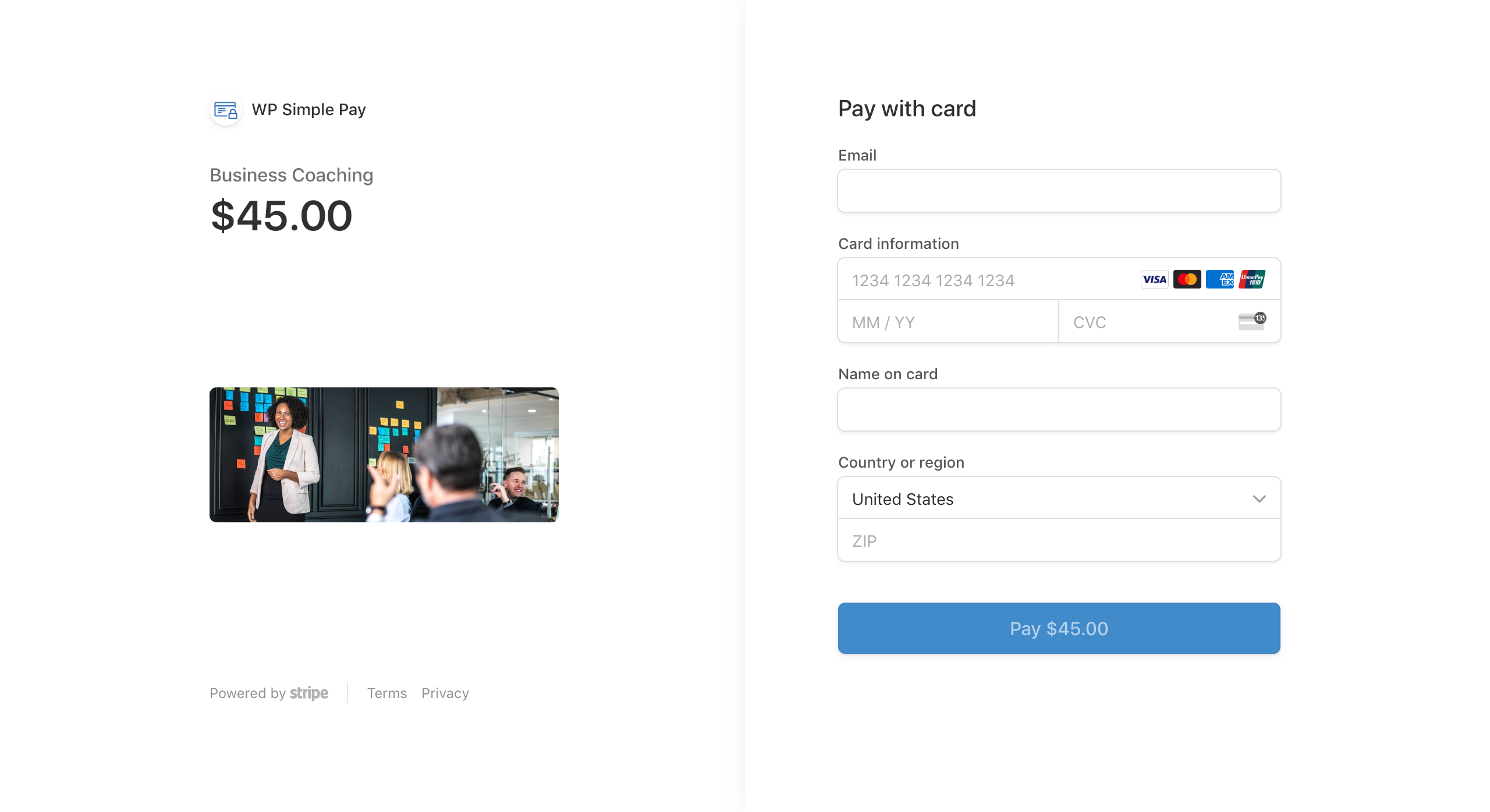 Desktop Stripe Checkout form hosted on Stripe showing card entry fields, Apple Pay button, and order summary for a WP Simple Pay payment