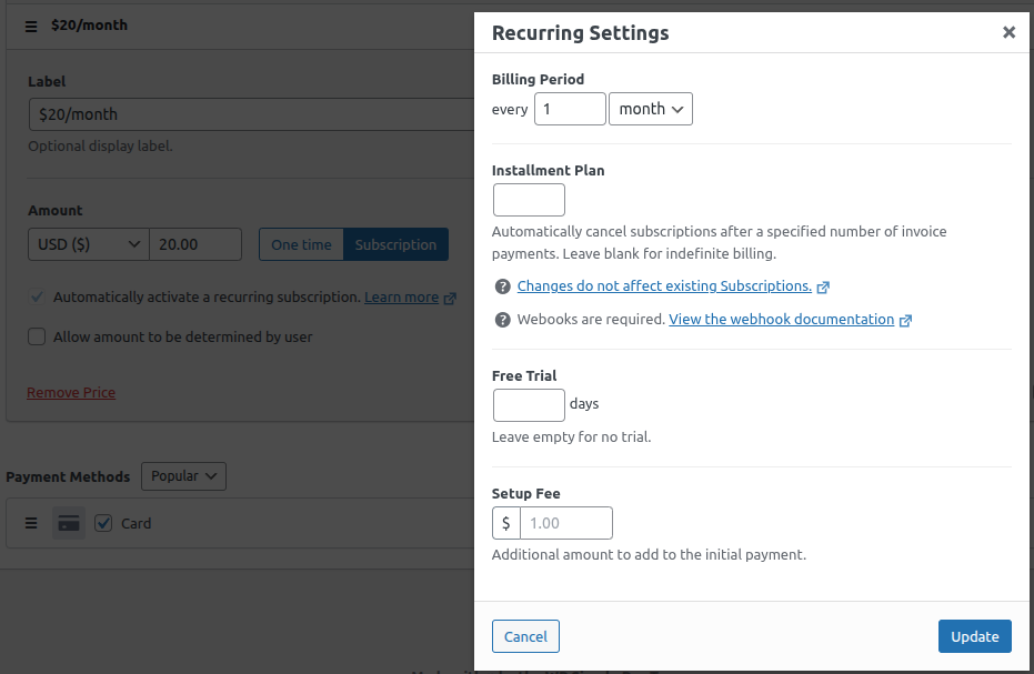 WP Simple Pay subscription settings showing recurring billing interval options, free trial period configuration, and setup fee field for Pro subscription forms