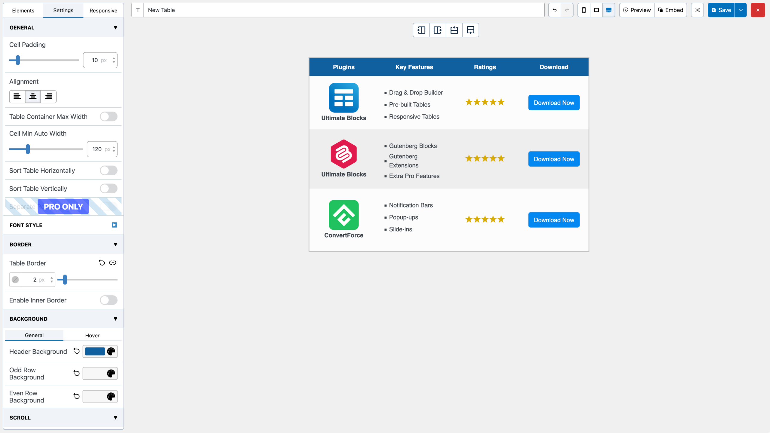 WP Table Builder table customization panel with color and style controls