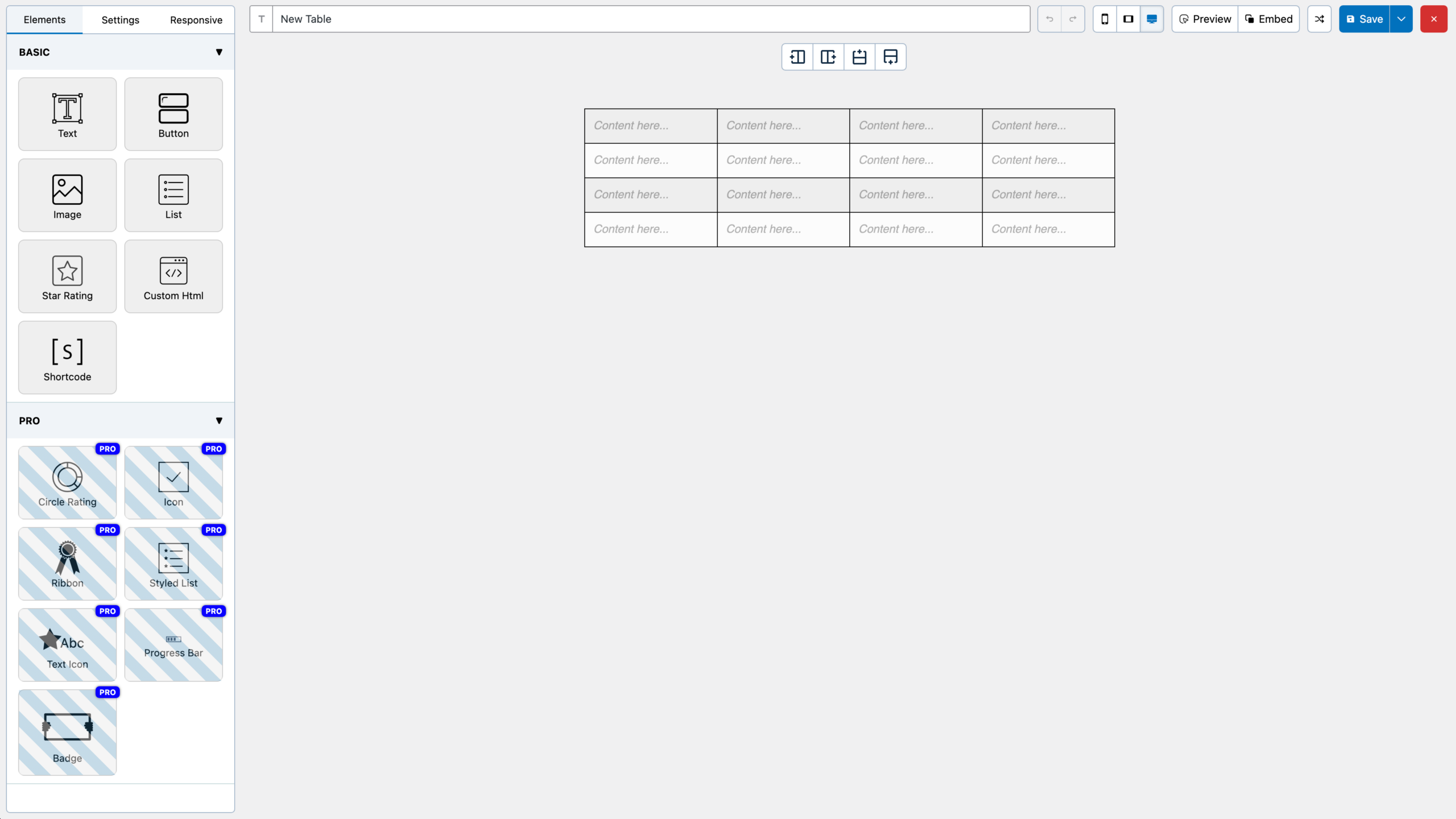 WP Table Builder drag-and-drop table interface in the WordPress admin