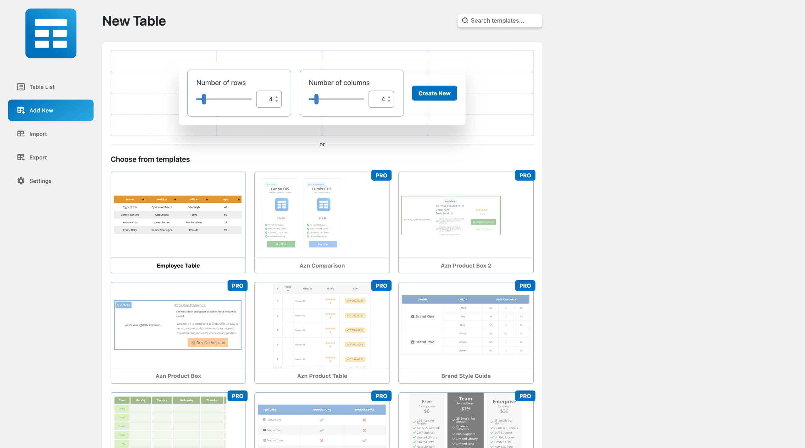 WP Table Builder new table creation screen showing column and row setup