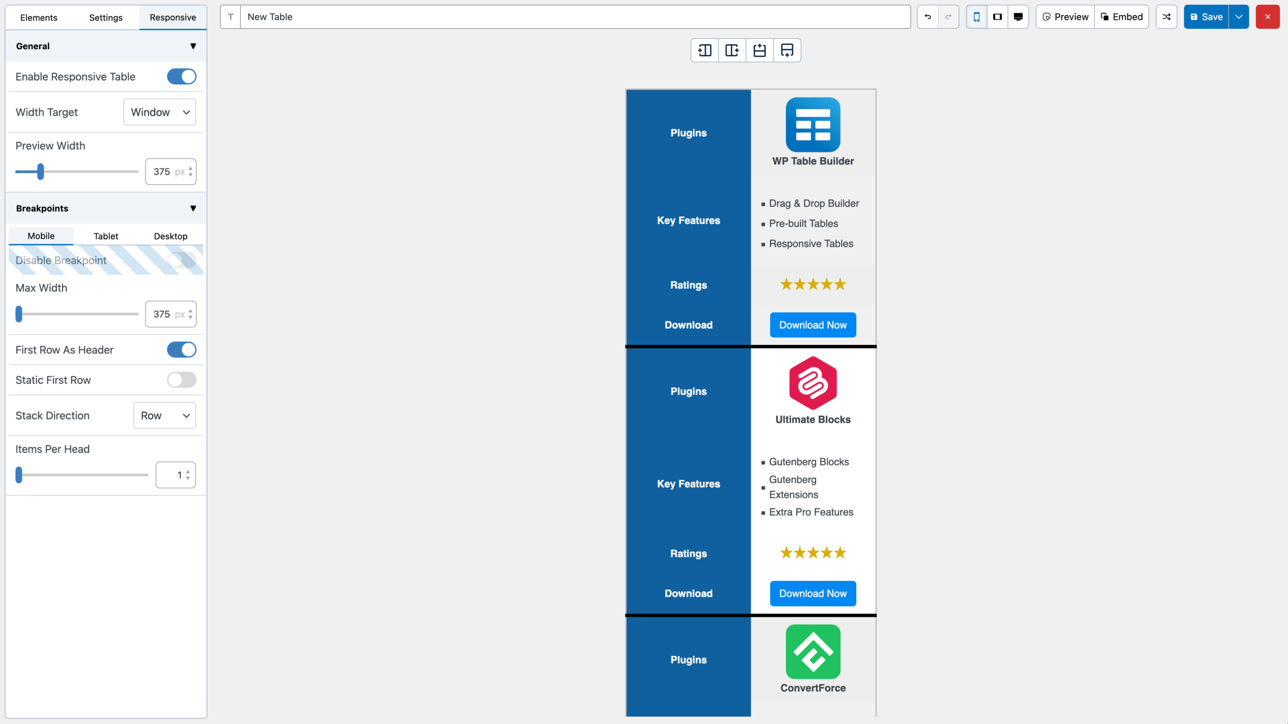 WP Table Builder responsive table view on mobile screen