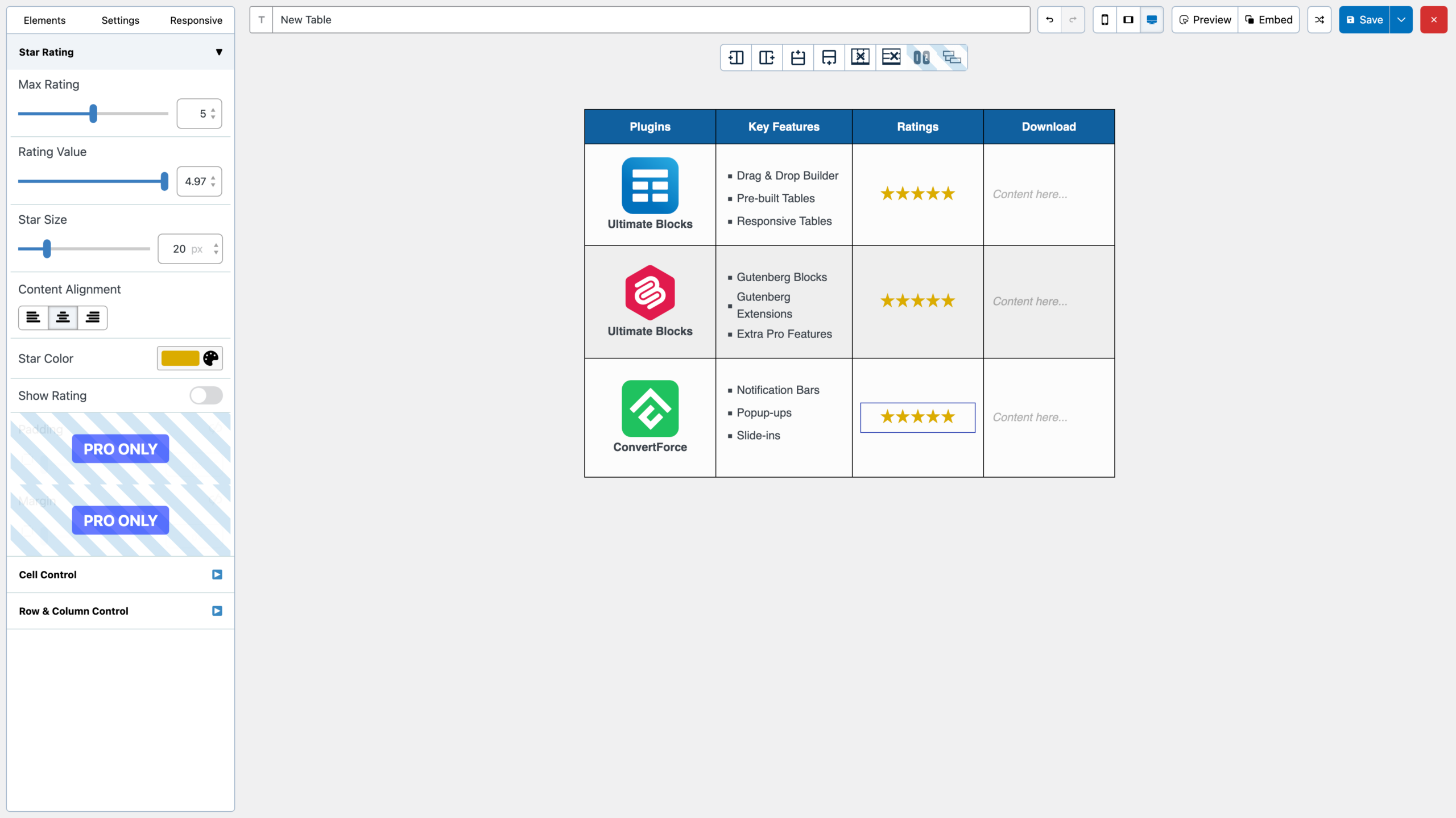 Star rating elements added to cells in WP Table Builder
