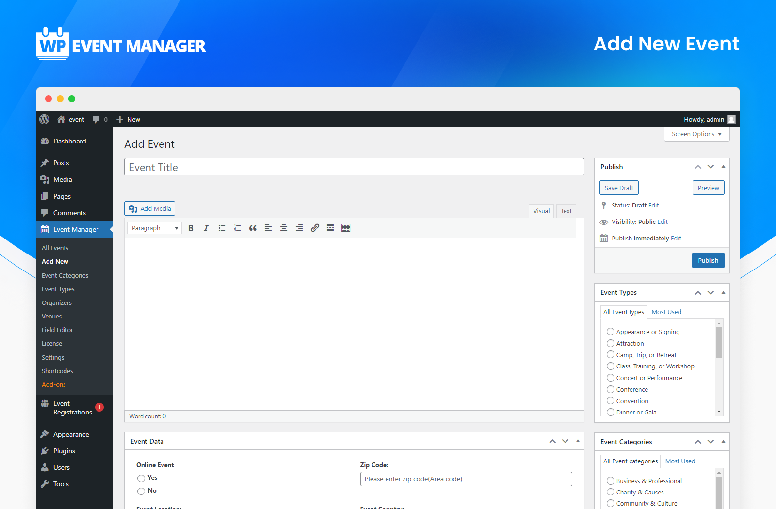 WP Event Manager Add New Event screen in WordPress admin showing the event creation form with fields for title, description, date, organizer, venue, and category