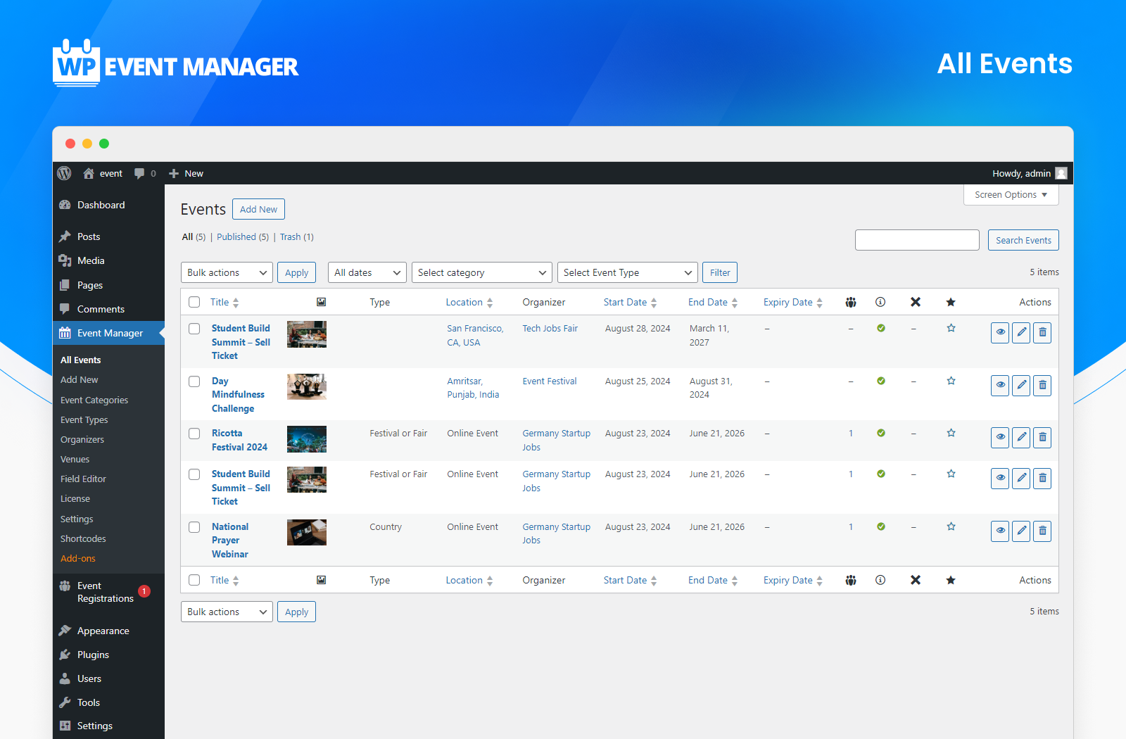 WP Event Manager All Events admin panel showing a list of event entries with title, organizer, location, start date, and status columns