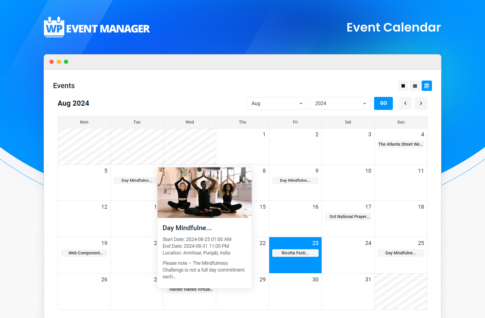 WP Event Manager Calendar add-on frontend showing a monthly grid calendar with events highlighted on dates and a left-side filter panel