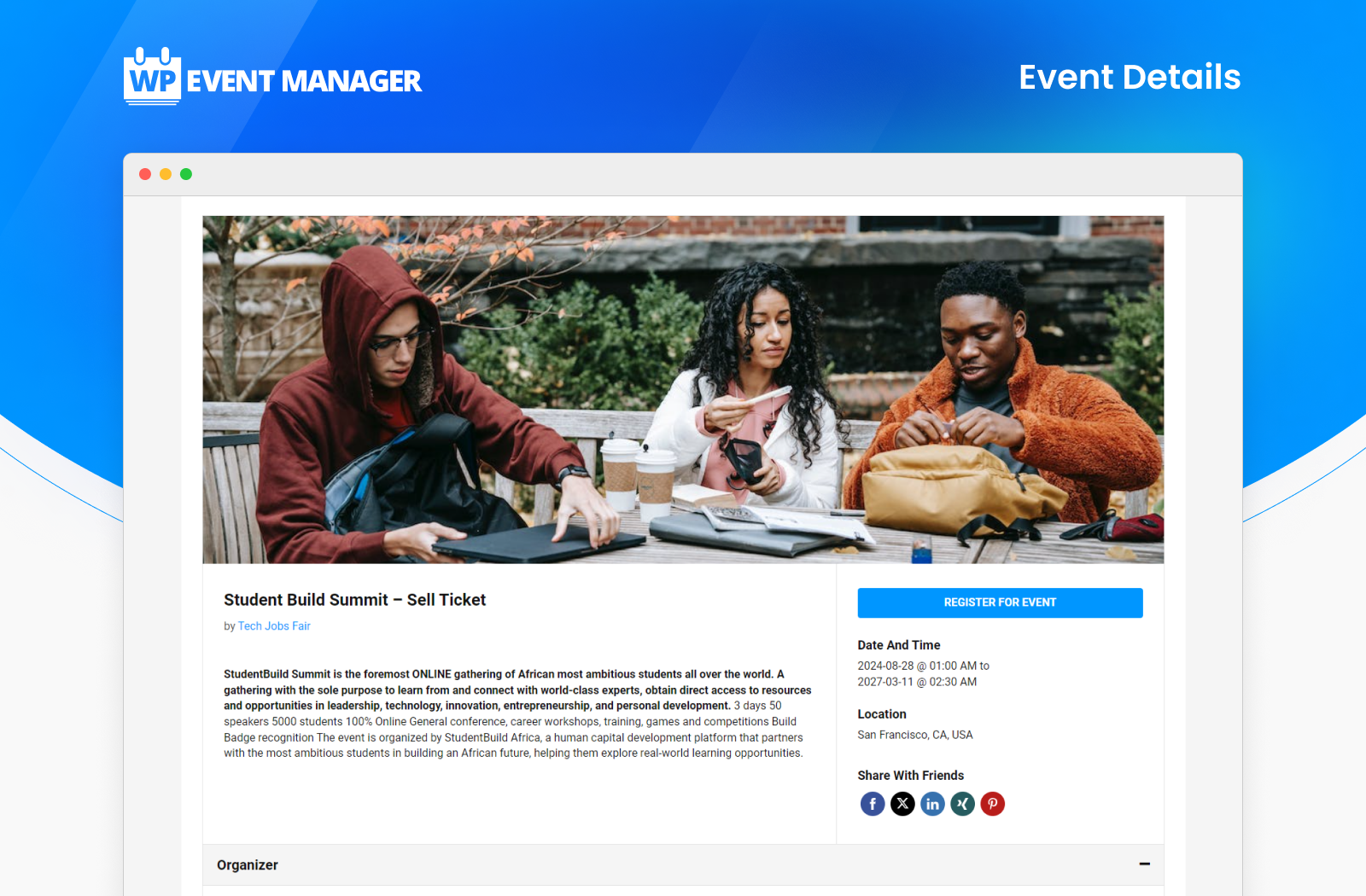 WP Event Manager single event detail page on the frontend showing event title, date, time, location, description, and organizer information