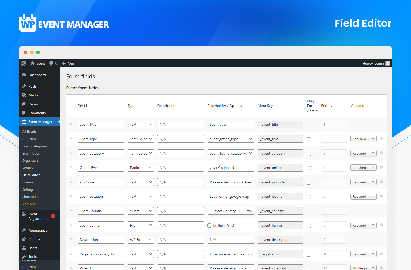 WP Event Manager field editor in WordPress admin showing draggable custom form fields with options to edit or delete each field