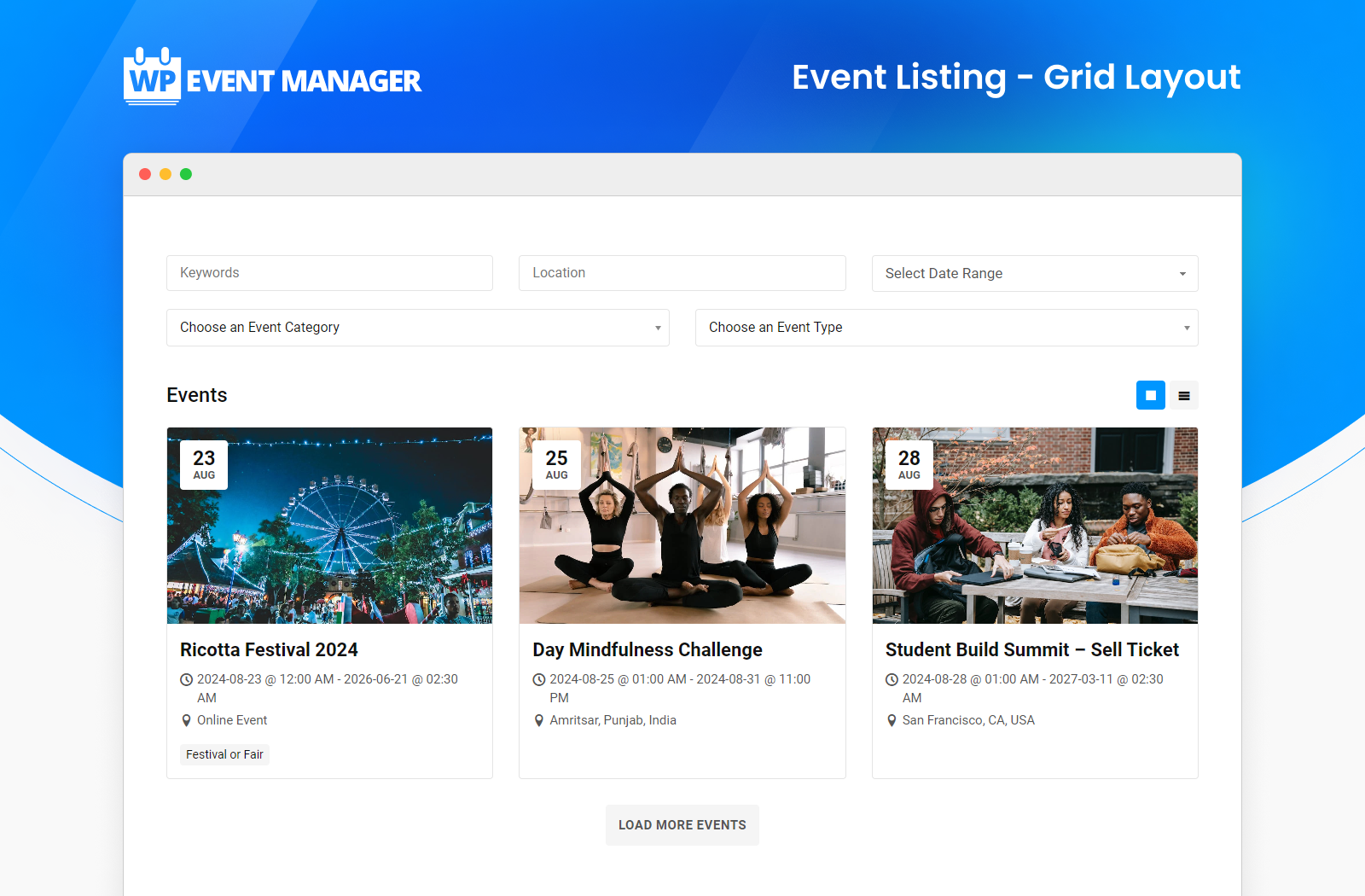 WP Event Manager frontend event listing page showing events in grid view with event cards, titles, dates, and category badges