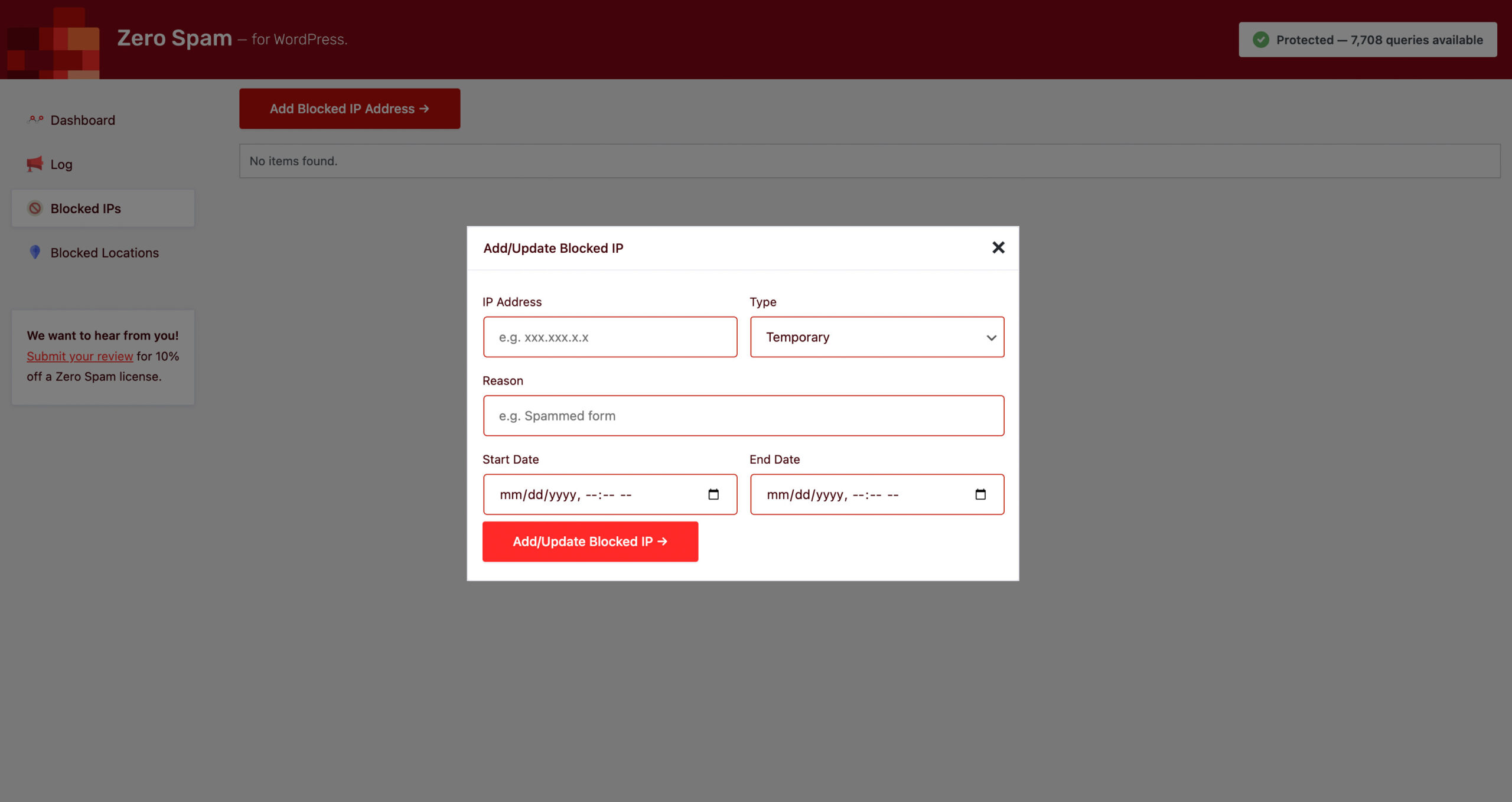 Zero Spam for WordPress IP management panel showing the interface for adding a blocked IP address with options for temporary or permanent blocking and a notes field.