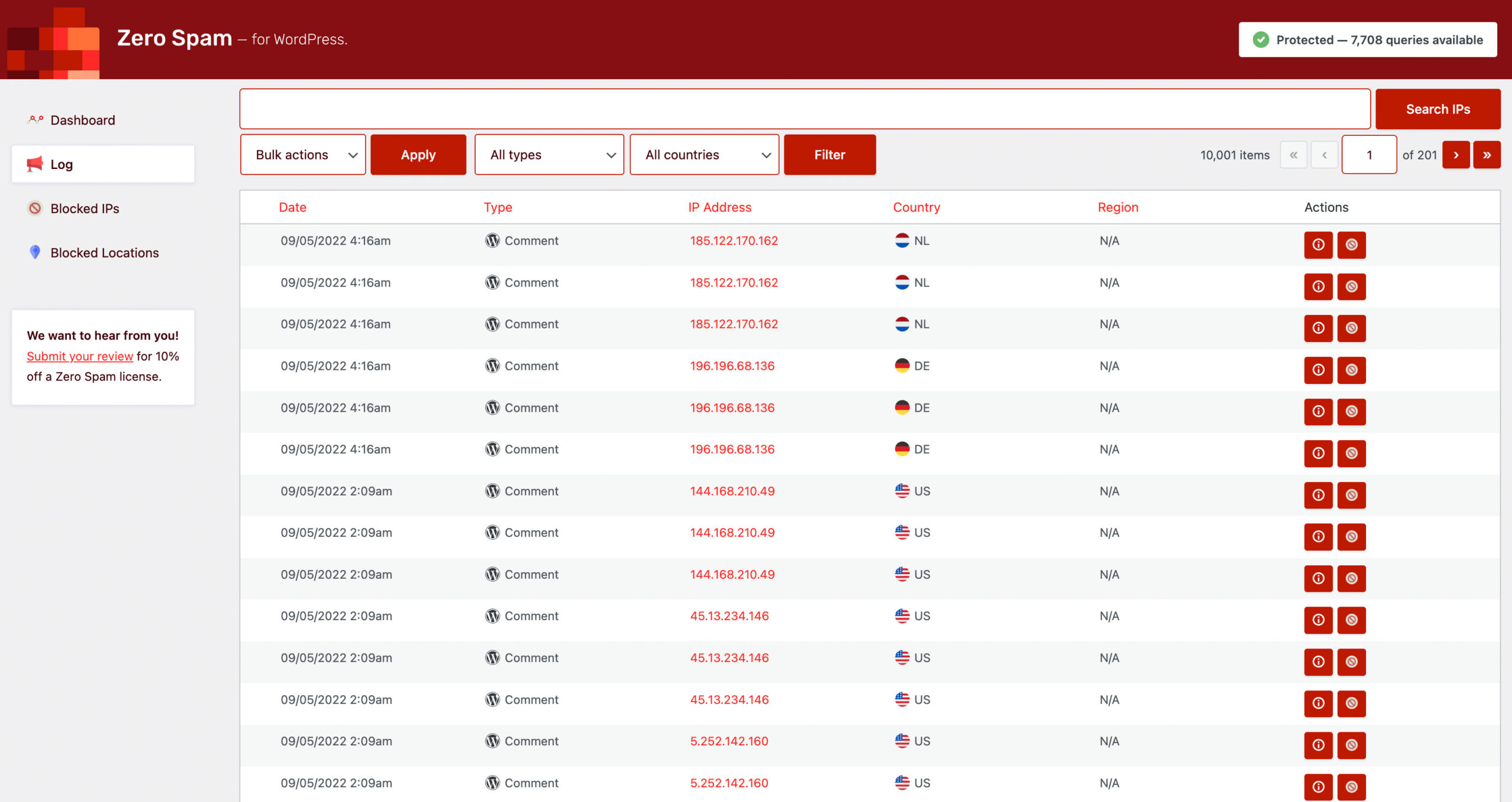 Zero Spam for WordPress attack log table showing recent blocked submissions with columns for IP address, country, block status, and the detection rule that triggered each block.