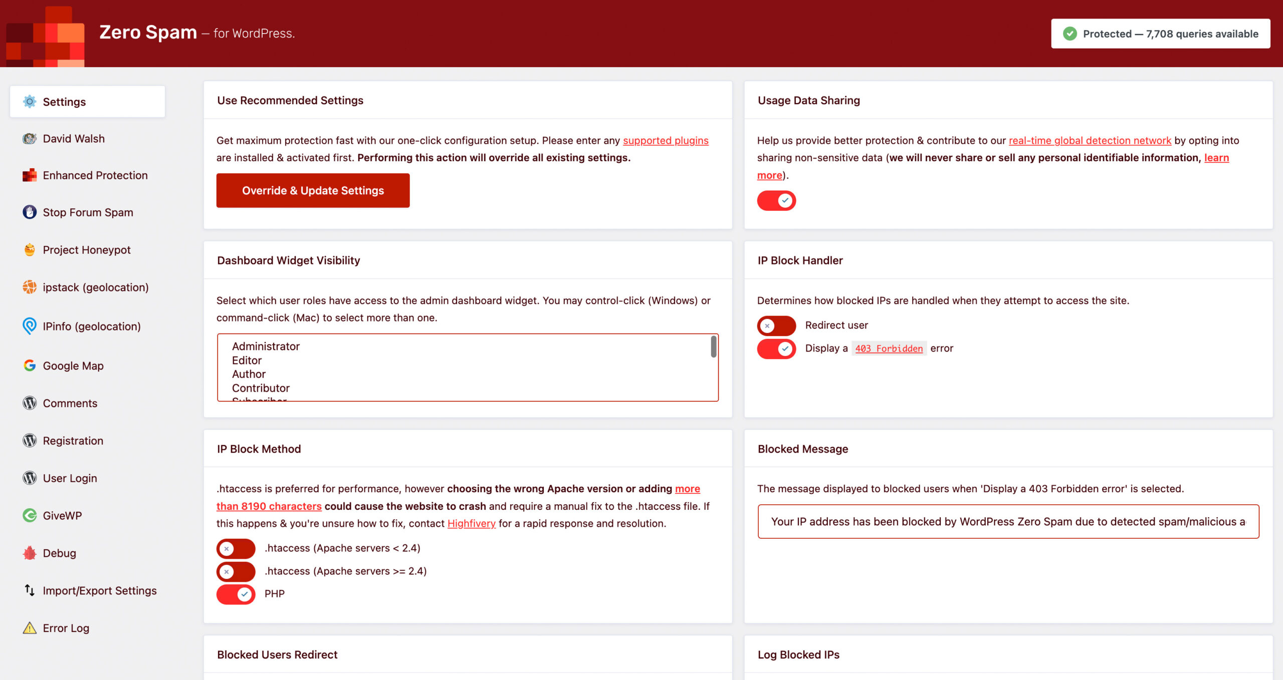 Zero Spam for WordPress settings page showing the configuration interface with toggles for detection methods, third-party service API connections, and per-integration controls.